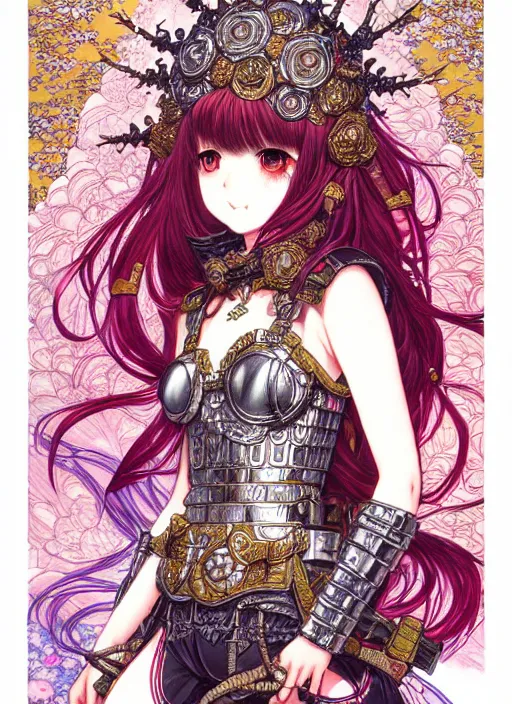 Image similar to highly detailed artgerm artstation minaba hideo fantastic fate katsuhiro otomo manga poster of dressed princess mechine, minaba hideo, long hair, armor, laces, ruffles, 8 k, fluorescent, maximalist, jump comics, art nouveau, takato yamamoto