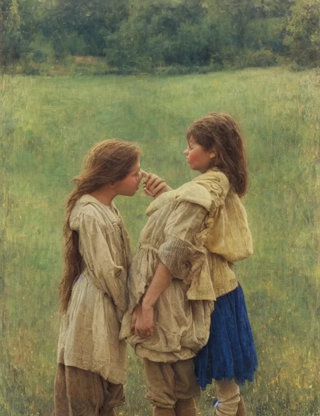 Image similar to peasant boy and girl first kiss, secretly on a village, Cinematic focus, Polaroid photo, vintage, neutral colors, soft lights, foggy, by Steve Hanks, by Serov Valentin, by lisa yuskavage, by Andrei Tarkovsky detailed, oil on canvas