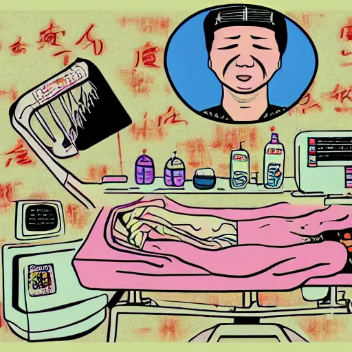 Image similar to chinese surgery operating table, in the style of daniel johnston and outsider art, 8k, line brush, overlaid with chinese adverts