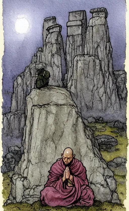 Image similar to a realistic and atmospheric watercolor fantasy concept art of giant monk in grey robes sitting in stonehenge. in the foreground a tiny medieval monk in grey robes is praying. a ufo is in the sky. by rebecca guay, michael kaluta, charles vess