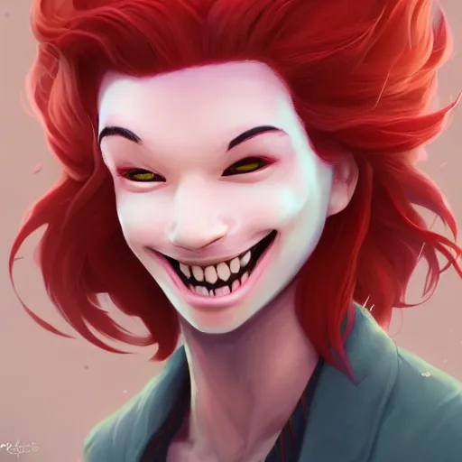 Image similar to a portrait of a cinematic still of the happy mask salesman with red hair, art by lois van baarle and loish and ross tran and rossdraws and sam yang and samdoesarts and artgerm and saruei and disney, digital art, highly detailed, intricate, sharp focus, trending on artstation hq, deviantart, unreal engine 5, 4 k uhd image