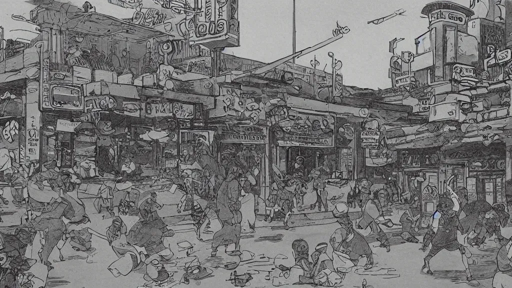 Prompt: Jollibee City after the invasion of the swag demons, street scene, wide shot, by Moebius, Renoir