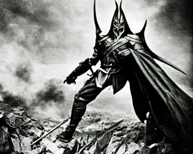 Prompt: vintage photograph of sauron from lord of the rings fighting in ww 1