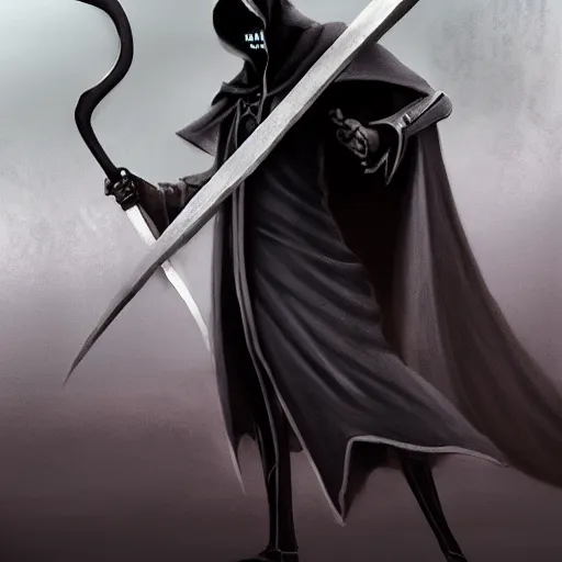 Prompt: Karthus from League of Legends as a grim reaper, holding a scythe, wearing a cloak, epic detail, night