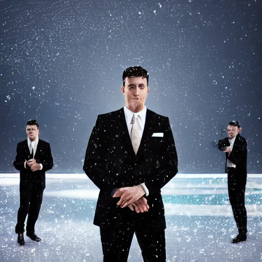 Image similar to full shot photograph of a man wearing a suit made of mirrors on a frozen lake, photorealistic photograph cinematic lighting intricate detailed 8 k resolution