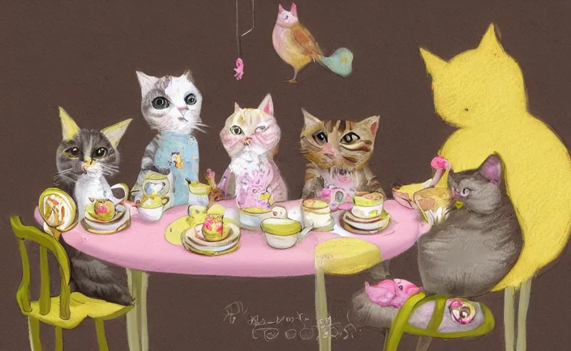 Image similar to A tea party with cats and birds, pastel illustration, artstation