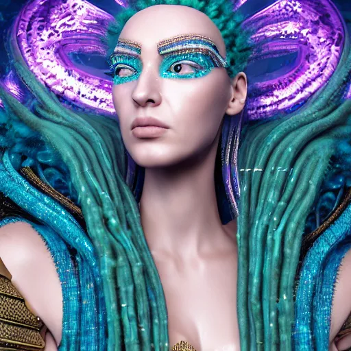 Image similar to unreal engine, octane render, 8 k, sandro botticelli portrait of egyptian sumerian goddess princess intergalactica, nautical siren, lady of elche, queen of heaven, techno mystic goddess, with aqua neon dreadlocks, teal eyebrows encrusted with diamonds, wearing iris van herpen haute couture, star - gate of futurisma,