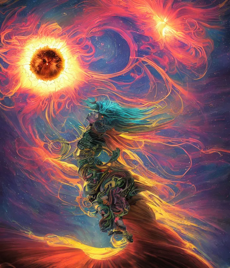 Image similar to impressive ominous cinematic fantastic realism comic book style painting of a spiraling exploding sun launching flowers across the dark cosmos, strange bouquets, lighting impressive masterpiece hyper ultra detailed intricate sharp focus 8 k realistic illustration canon eos r 3 fujifilm x - t 3 0 sony alpha, artgerm colorful!!!, trending on artstation behance cgsociety, octane render nvidia raytracing demo