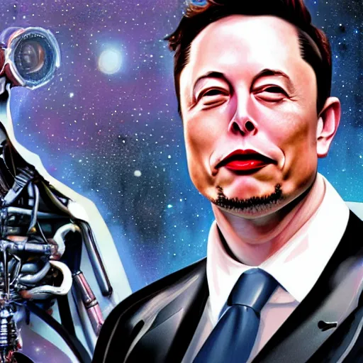 Prompt: a nightmarish digital art painting of Elon Musk with artificial eyes, a metal jaw and a metal arm