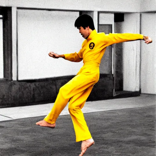 Prompt: a kick by Bruce Lee wearing a yellow jumpsuit by Gian Galang