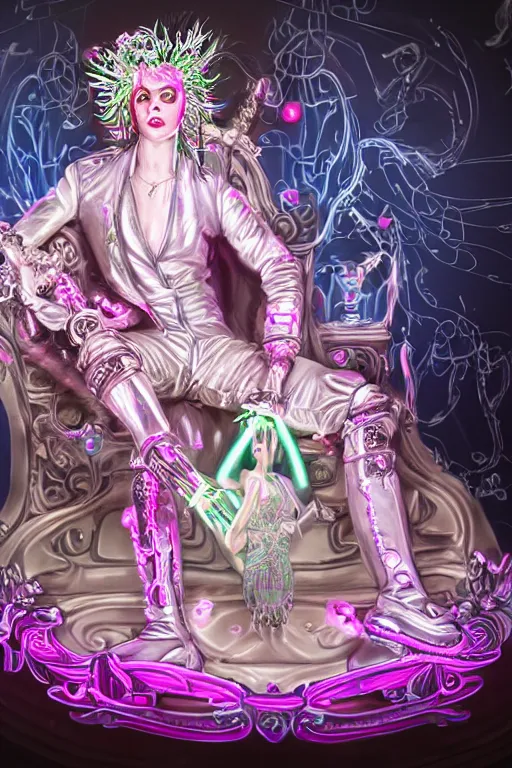 Prompt: full-body rococo and cyberpunk style neon statue of a seductive attractive Spanish android sin ropa reclining con las piernas abertas e la piroca e dotado, pecho peludo, ethereal white dripping tar, glowing orange lasers, pink tigers, glowing eyes, silver prince crown, black gears, pink diamonds, swirling mint-colored silk fabric. futuristic elements. full-length view. human skulls. large intricate artwork by caravaggio. Trending on artstation, octane render, cinematic lighting from the right, hyper realism, octane render, 8k, depth of field, 3D