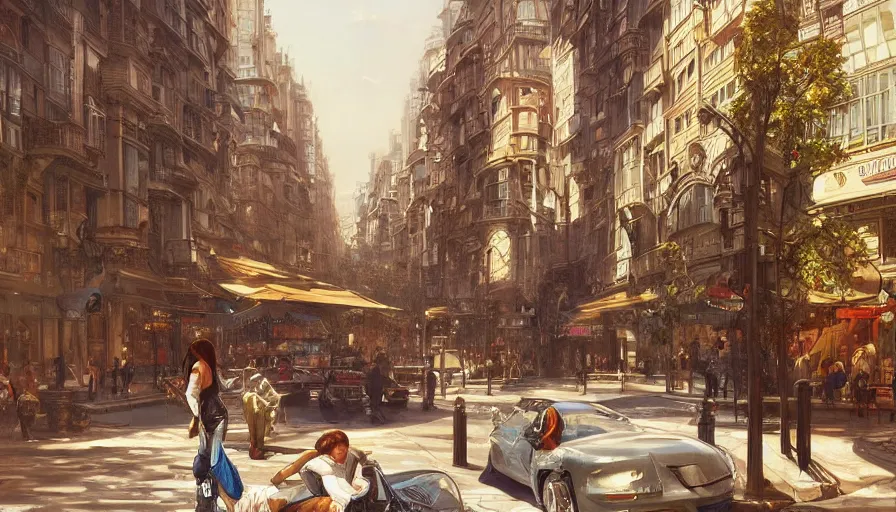 Image similar to Ultra realistic illustration of a beautiful modern city street, intricate, elegant, highly detailed, digital painting, artstation, concept art, smooth, sharp focus, illustration, art by artgerm and greg rutkowski and alphonse mucha