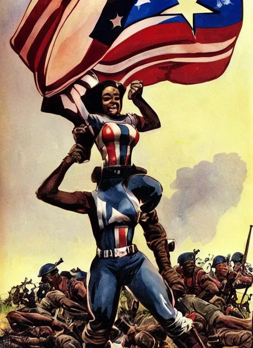 Image similar to beautiful black female captain america standing on a pile of defeated german soldiers. feminist captain america wins wwii. afro. american wwii propaganda poster by james gurney