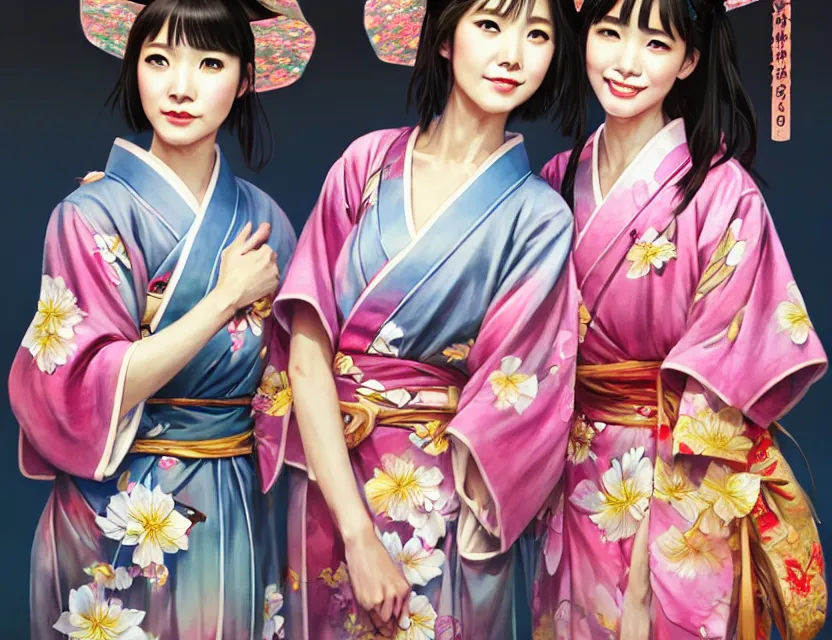 Image similar to two beautiful fashion taiwan girls wear fantasy yukata in festival | | big eyes, sunny, dreamlike art, realistic shaded, smile, good looking, fine details, 4 k realistic, cryengine, realistic shaded lighting poster by greg rutkowski, magali villeneuve, artgerm, jeremy lipkin and michael garmash and rob rey