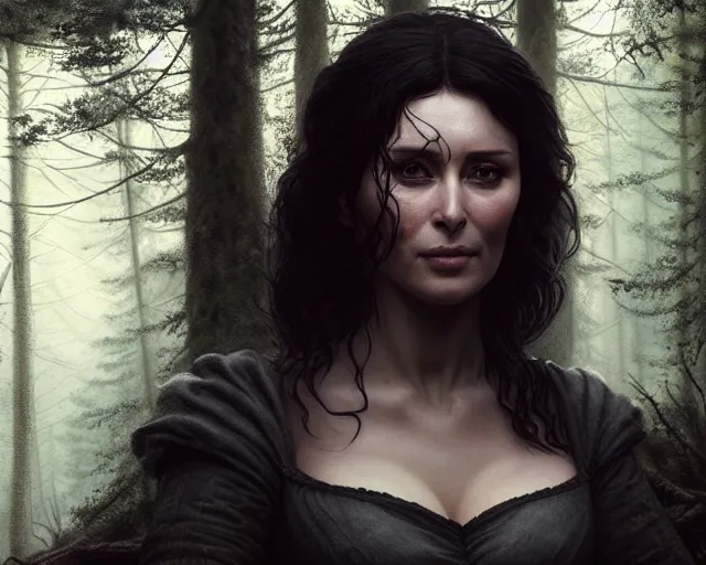 Image similar to 5 5 mm portrait photo of olga kurilenko as real life tough looking yennefer of vengerberg, in a forest. magical atmosphere. art by greg rutkowski. highly detailed 8 k. intricate. lifelike. soft light. nikon d 8 5 0.