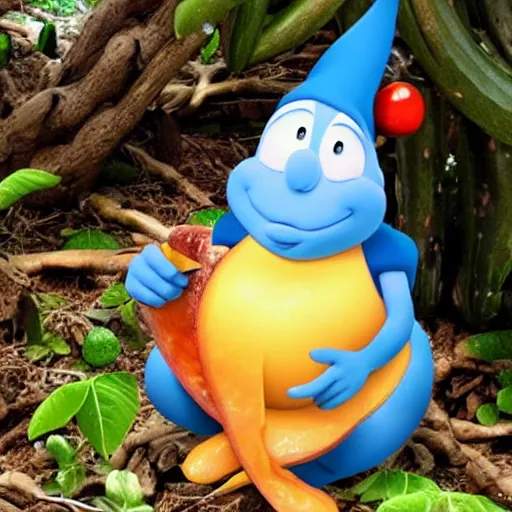 Image similar to the fruit papaya as papa smurf