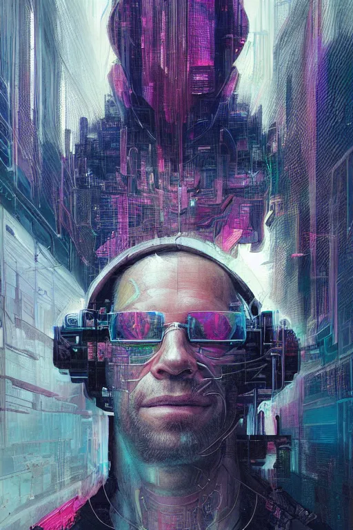 Prompt: A portrait of sad and serious Aphex Twin as a cyberpunk, iridescent highlights, background of digital greebles, highly detailed, intricate, soft, sci-fi, sharp focus, glowing lines, art by Ruan Jia and Moebius