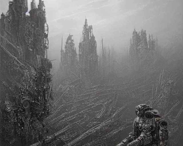 Image similar to beautiful hyperrealistic ultradetailed matte painting of dieselpunk war machines, by James Stokoe and harry clarke and Zdzisław Beksiński and Jakub Rozalski, war theatre, dark, realistic, smog, black smoke, oil, machine parts, dystopian, insane details, peter mohrbacher, intricate, mecha, embers, trending on artstation, volumetric lighting, smog, micro details, HD wallpaper, 8k:3, gray:-1, blur:-1