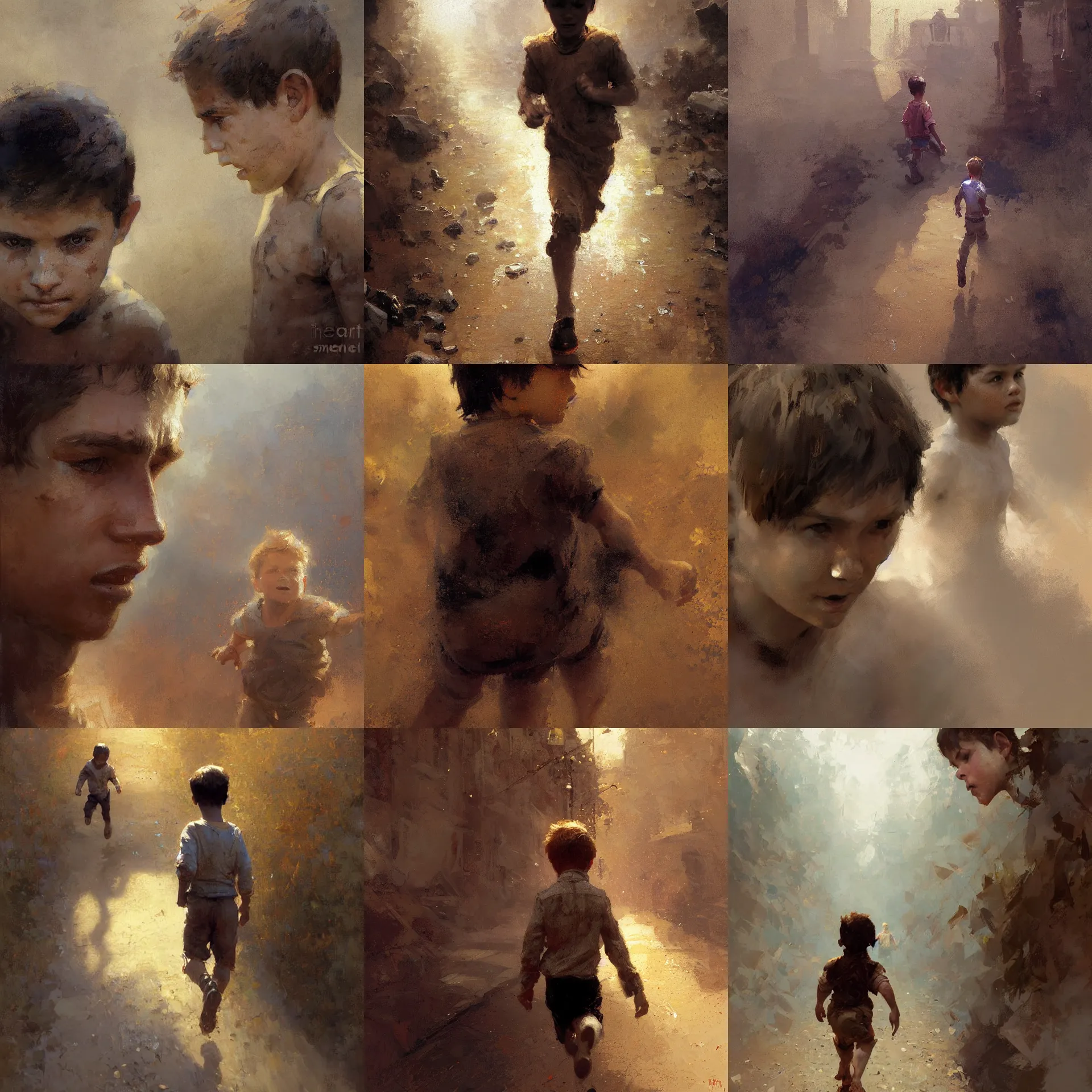 Prompt: digital art painting of a young boy looking back while running painted by craig mullins and gaston bussiere and greg rutkowski, symmetrical facial features, symmetrical face, defined facial features, dramatic lighting, close up