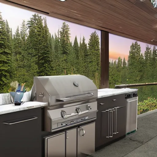 Image similar to an immaculate digital matte painting of a pacific northwest outdoor kitchen