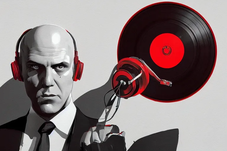 Prompt: a portrait of agent 4 7 from hitman wearing headphones and putting a vinyl record onto a turntable, dark background, red rim light, digital art, artstation, concept art by giger stalenhag