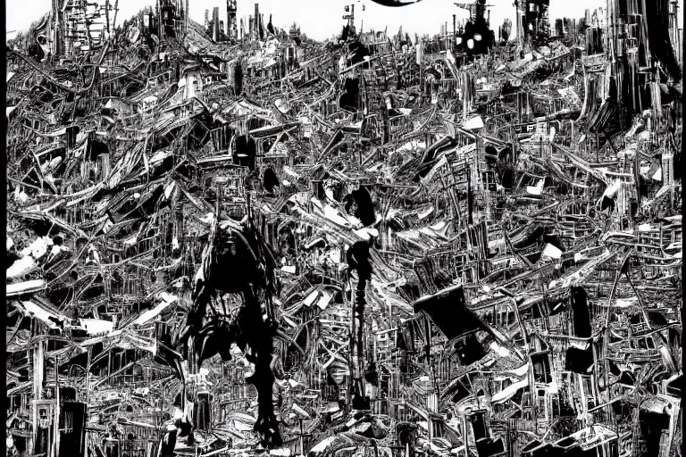 Image similar to no man's land, remnants of the human civilization, post-apocalyspe, by Tsutomu Nihei