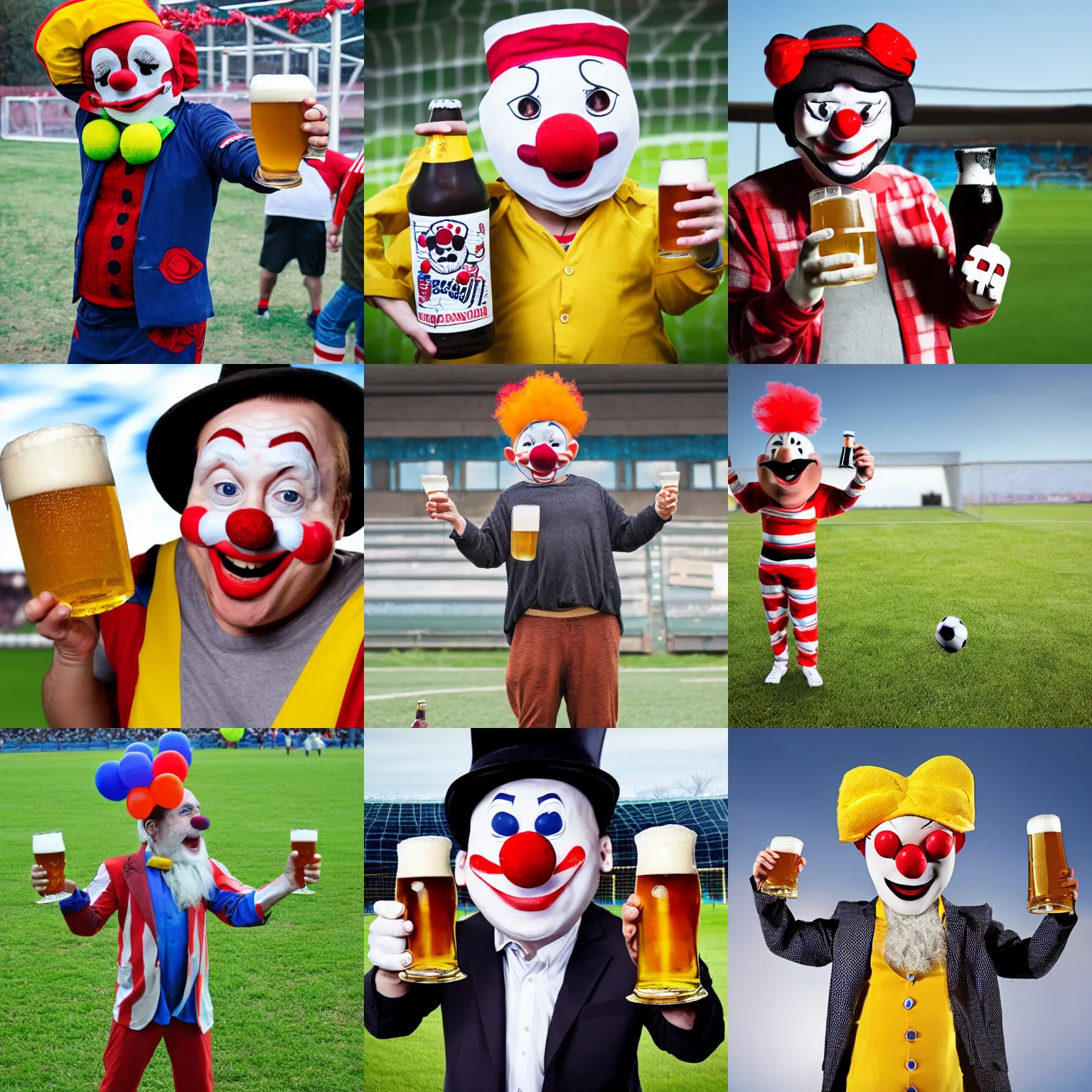 Prompt: silly little grumpy man clown with a beer in front of a soccer match