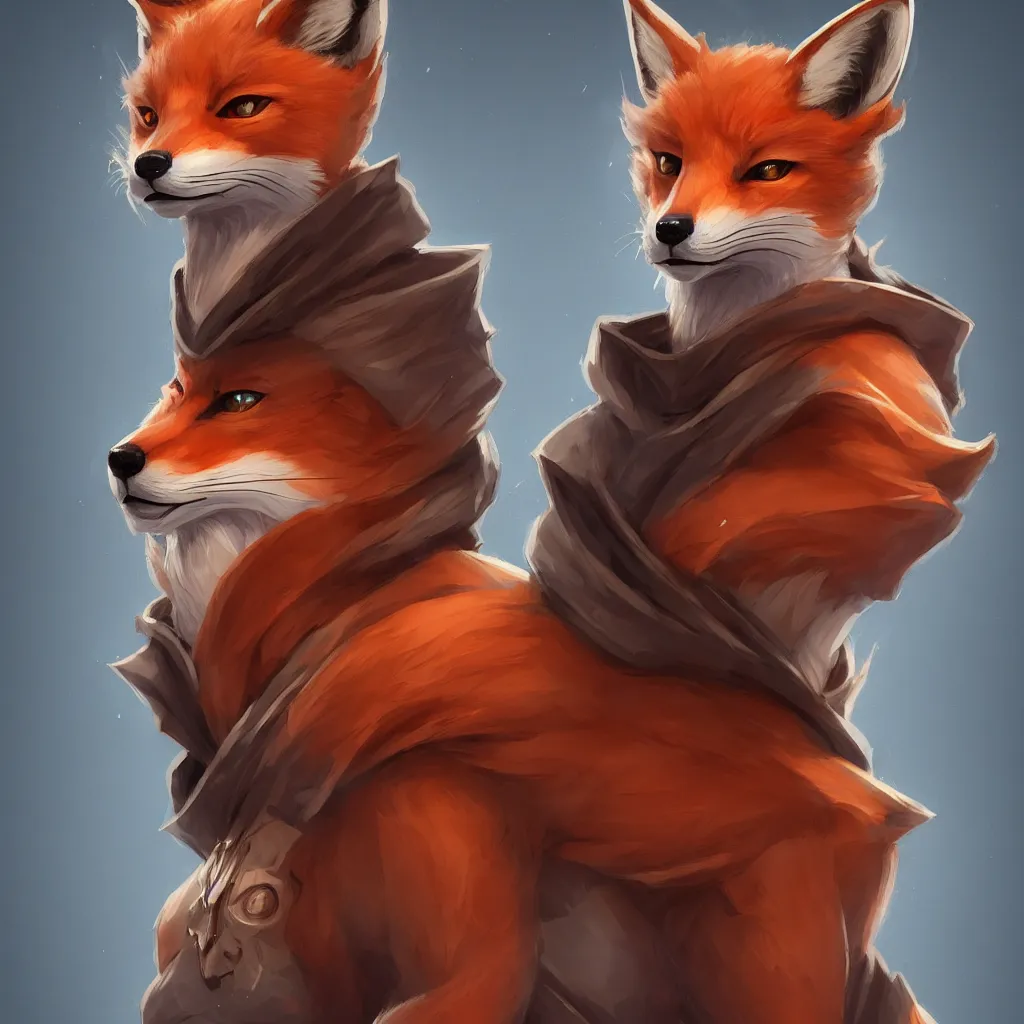 Prompt: a portrait of an anthropomorphic fox wearing a hoodie, symmetrical facial features, symmetrical proportions, league of legends, concept art, illustration, artstation