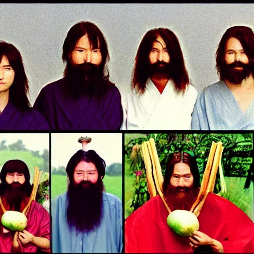 Image similar to secret full color photos form the year 1 9 9 9 of a cult in japan. everyone must not wear pants, they must wear shirts, all their hair is shaved off the side but very long on top. small beards are ok. you must carry a large vegetable in each hand at all times.