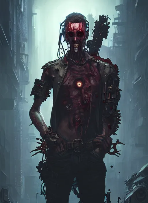 Prompt: cyberpunk male zombie, deep focus, d & d, fantasy, intricate, elegant, highly detailed, digital painting, artstation, concept art, matte, sharp focus, illustration, hearthstone, art by artgerm and greg rutkowski and alphonse mucha