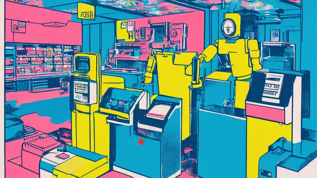 Image similar to cmyk risograph print cynical convenience store robo - cashier