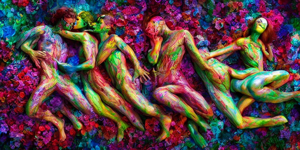Image similar to surrealist sculpture human bodies intertwined, a lovely cornucopia of flowers and human body parts, body parts, paint pour, swirling paint colors, highly detailed, octane render, cinematic