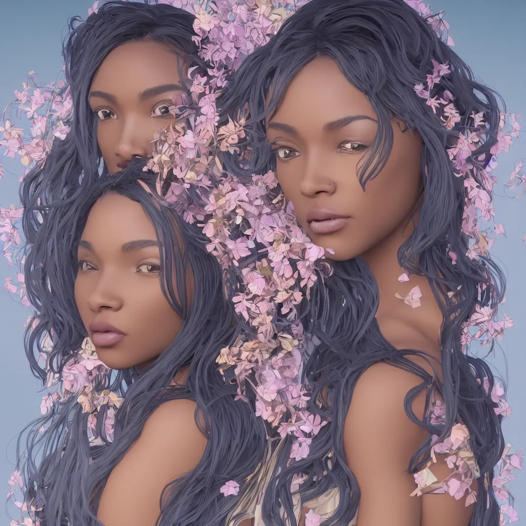 Image similar to beautiful black woman with gorgeous pastel balayage hairstyle, as seen on artgerm, octane render, in the style of alphonse mucha, ultra realistic, highly detailed, 8 k