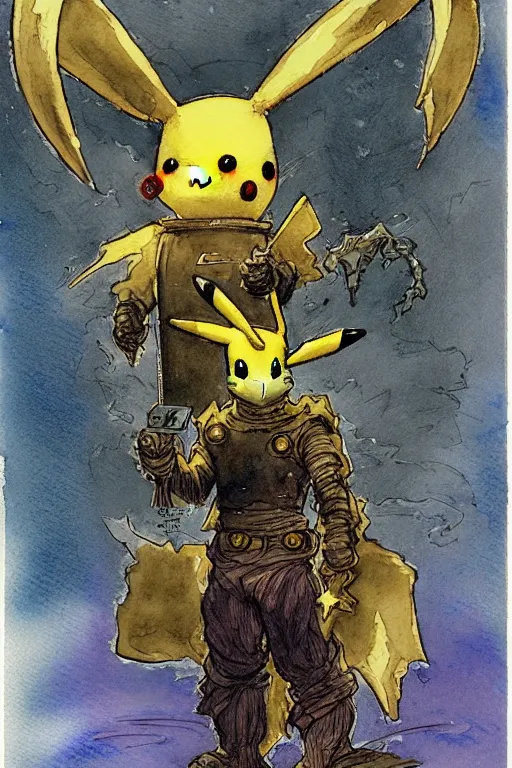 Image similar to a simple and atmospheric watercolour fantasy character concept art portrait of a mechanized android pikachu as a druidic warrior wizard looking at the camera with an intelligent gaze, very muted colors, by rebecca guay, michael kaluta, charles vess and jean moebius giraud