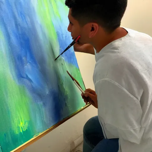 Image similar to A young male Latino artist painting a plain green picture on canvas