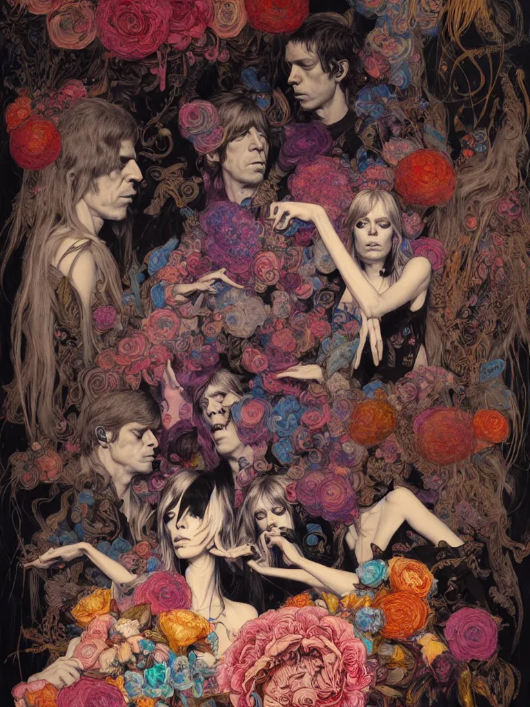 Image similar to the velvet underground and nico playing live on stage at a night club, beautiful stage decoration with flowers in the background, painting by james jean and gaston bussiere, very detailed and colorful and toned down and ornamental and moody and cool and relaxed and high on drugs, trending on artstation, behance contest winner