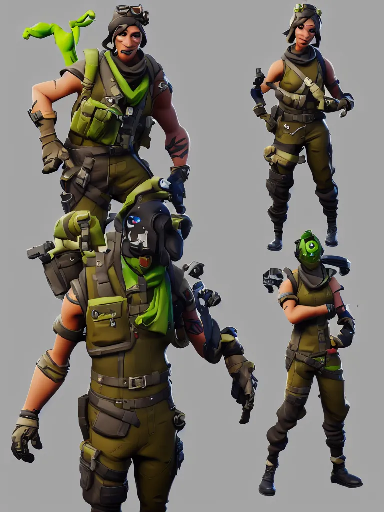Prompt: fortnite character design, anthropomorphic pickle, kind eyes and a derpy smile. flak jacket, ammo bandolier, cargo pants, black combat boots. fortnite style, unreal engine
