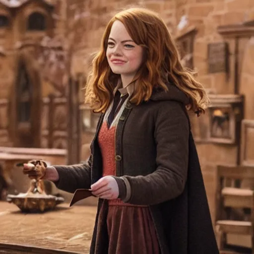 Image similar to emma stone as hermione granger in hogsmeade