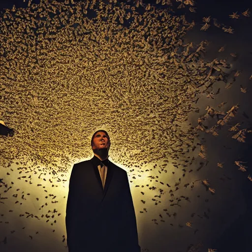 Prompt: epic, cinematic lighting photography of the candyman being swarmed by bees while standing in a church