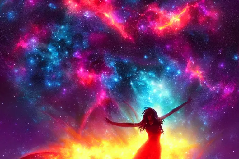 Image similar to silhouette of a girl floating up with limp arms and legs, long hair, she's exploding into incredible stars and nebula, dramatic digital painting, trending on artstation