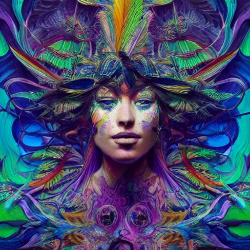 Image similar to A reality bending psychedelic ayahuasca experience, colorful, distorted, surreal, tropical bird feathers, dramatic lighting on the face, intricate, elegant, highly detailed, digital painting, concept art, smooth, sharp focus, illustration, art by Krenz Cushart and Wayne Barlowe and alphonse mucha