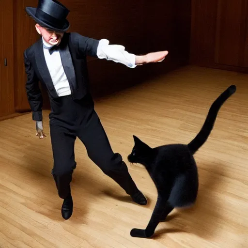 Image similar to photo of two cats dancing wearing bowler hats, realistic