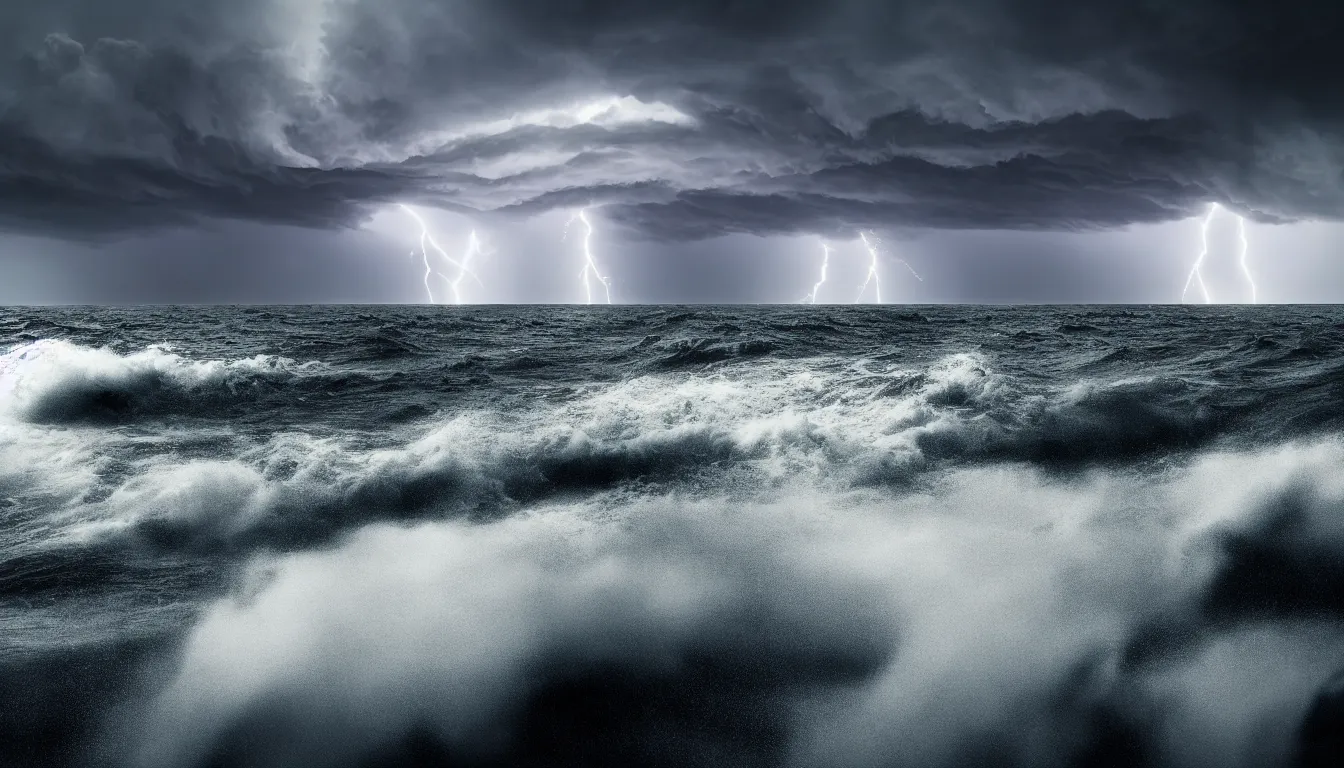 Prompt: lake, waves, nuclear rockets, strong wind, raining, distant thunder, atmospheric, scary, claustrophobic, ambient vibe, very detailed, high resolution, 8 k