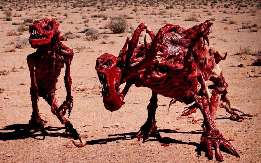 Image similar to in the desert a bloody gross horrifying The Thing creature made of muscle and bone and blood stares at the camera, eating, it walks on two legs, mid day, 35mm photography, realistic,