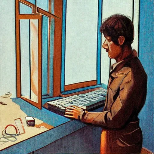 Image similar to a man begs his computer and monitor for more dalle 2 prompts. the apocalypse outside his giant apartment window. oil painting, 1 9 7 0 s