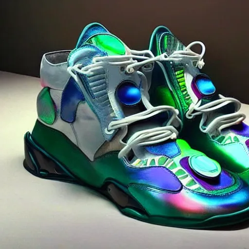 Image similar to balenciaga sneakers, biomorphic, robot, colorful, highly detailed, hyper realistic,