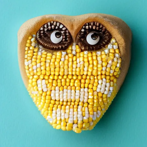 Image similar to a buck tooth smile close-up, each tooth is a miniaturized cob of corn, yellow corn teeth, smiler