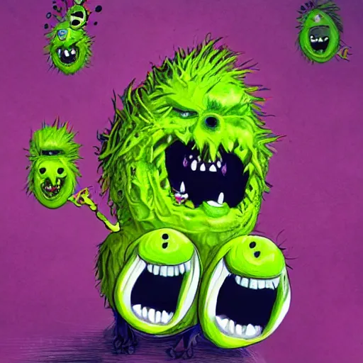 Image similar to a screaming tennis ball monsters, startled surprised face, oh shit face, colorful, digital art, fantasy, magic, chalk, trending on artstation, ultra detailed, professional illustration by basil gogos
