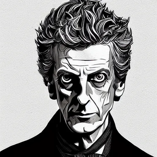 Prompt: Peter Capaldi with the intend to kill, artstation, concept art, sharp focus, illustration in pen an ink, extremely detailed, extremely complex, black and white, art by Masashi Tanaka