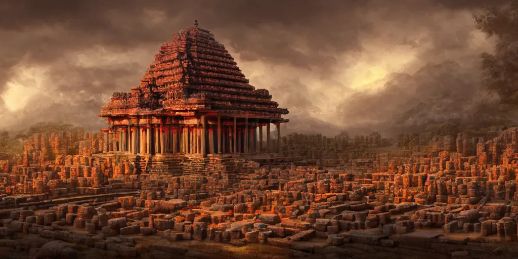 Prompt: an ancient temple made of human flesh, by Naomi Okubo, landscape, dramatic lighting, high contrast colors, panoramic view, as trending on Artstation,